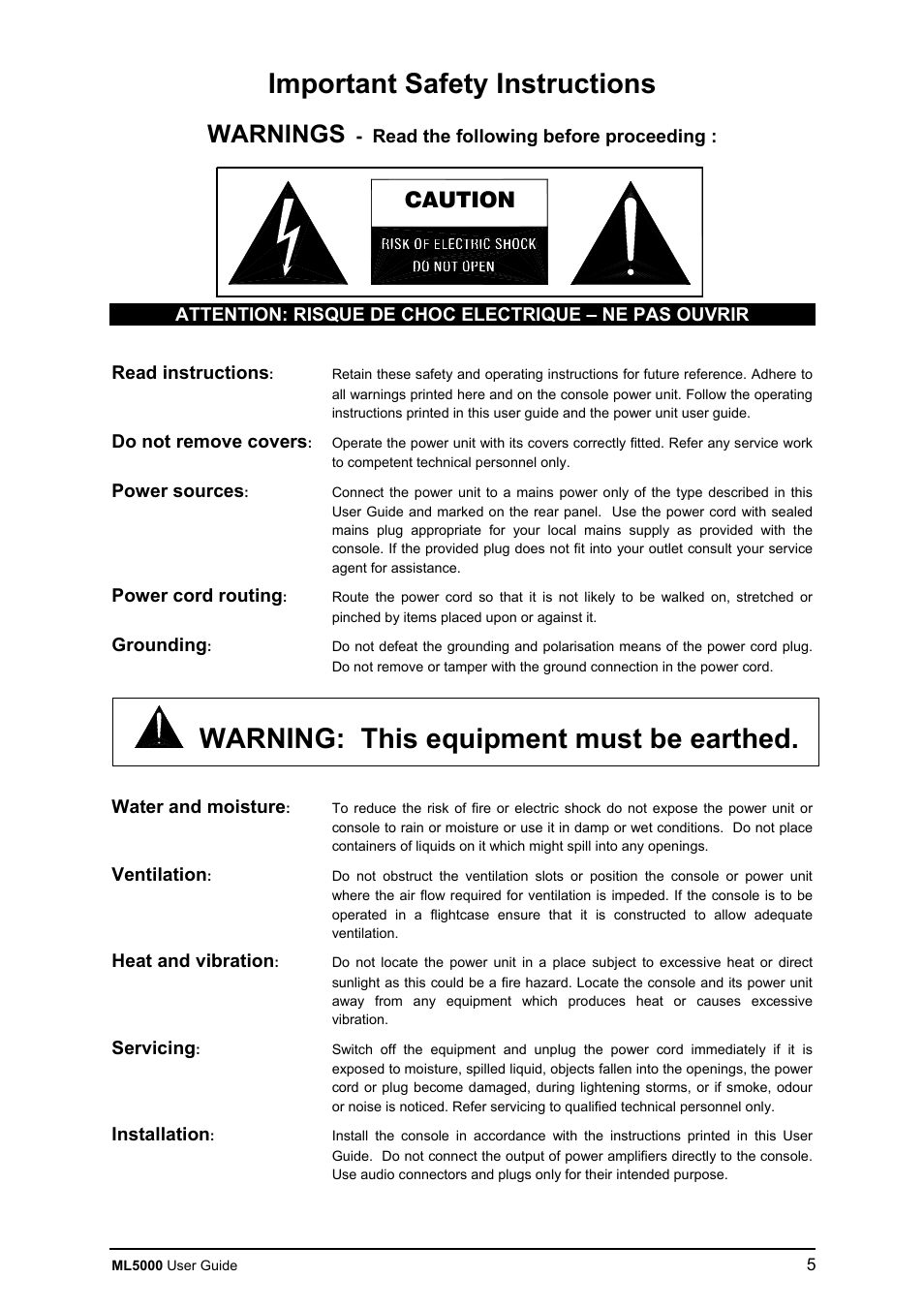 Important safety instructions, Warning: this equipment must be earthed, Warnings | Caution | Allen&Heath ML5000 USER GUIDE User Manual | Page 5 / 60
