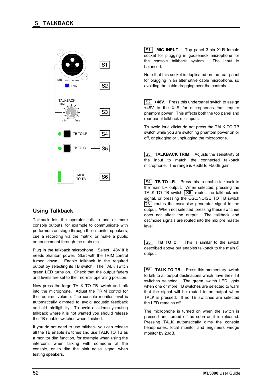 S talkback, Using talkback | Allen&Heath ML5000 USER GUIDE User Manual | Page 52 / 60