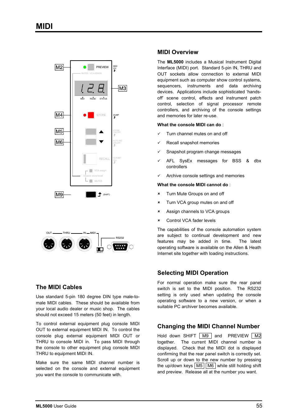 Midi, The midi cables, Midi overview | Selecting midi operation, Changing the midi channel number | Allen&Heath ML5000 USER GUIDE User Manual | Page 55 / 60