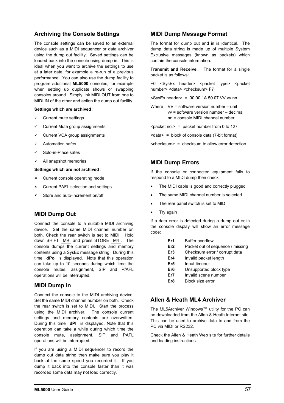 Archiving the console settings, Midi dump out, Midi dump in | Midi dump message format, Midi dump errors, Allen & heath ml4 archiver | Allen&Heath ML5000 USER GUIDE User Manual | Page 57 / 60