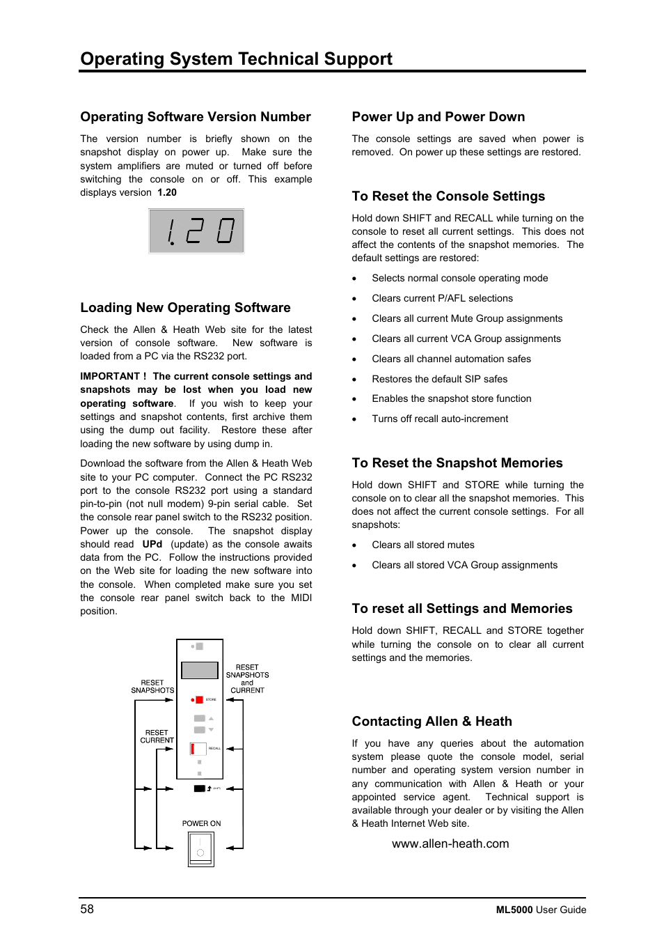 Operating system technical support, Operating software version number, Loading new operating software | Power up and power down, Contacting allen & heath | Allen&Heath ML5000 USER GUIDE User Manual | Page 58 / 60