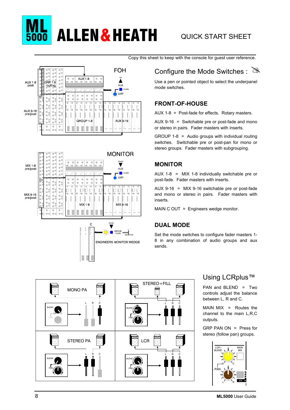 Quick start sheet configure the mode switches, Using lcrplus, Front-of-house | Monitor, Dual mode, Ml5000 user guide | Allen&Heath ML5000 USER GUIDE User Manual | Page 8 / 60