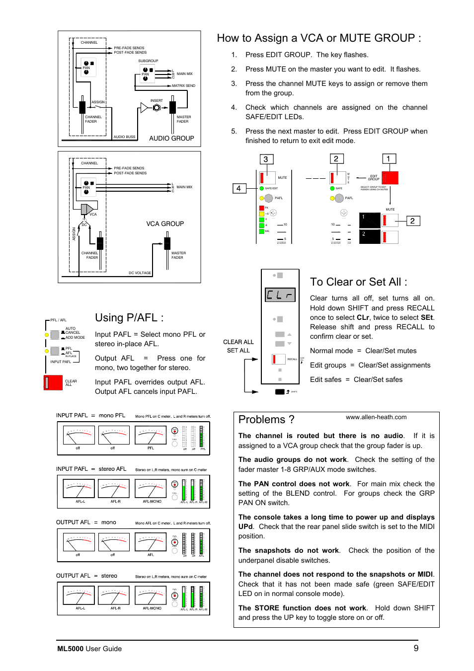 How to assign a vca or mute group, Using p/afl, Problems | Ml5000 user guide, Audio group, Vca group | Allen&Heath ML5000 USER GUIDE User Manual | Page 9 / 60