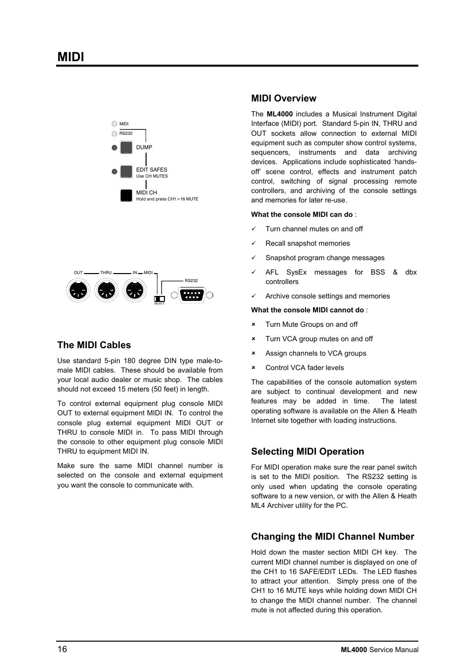Midi, The midi cables, Midi overview | Selecting midi operation, Changing the midi channel number | Allen&Heath ML4000 SERVICE MANUAL User Manual | Page 16 / 91