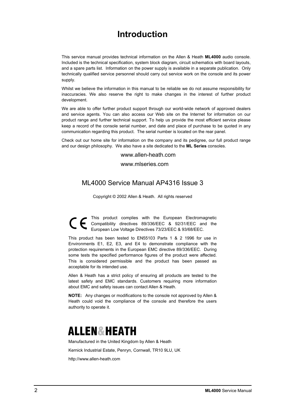 Introduction | Allen&Heath ML4000 SERVICE MANUAL User Manual | Page 2 / 91