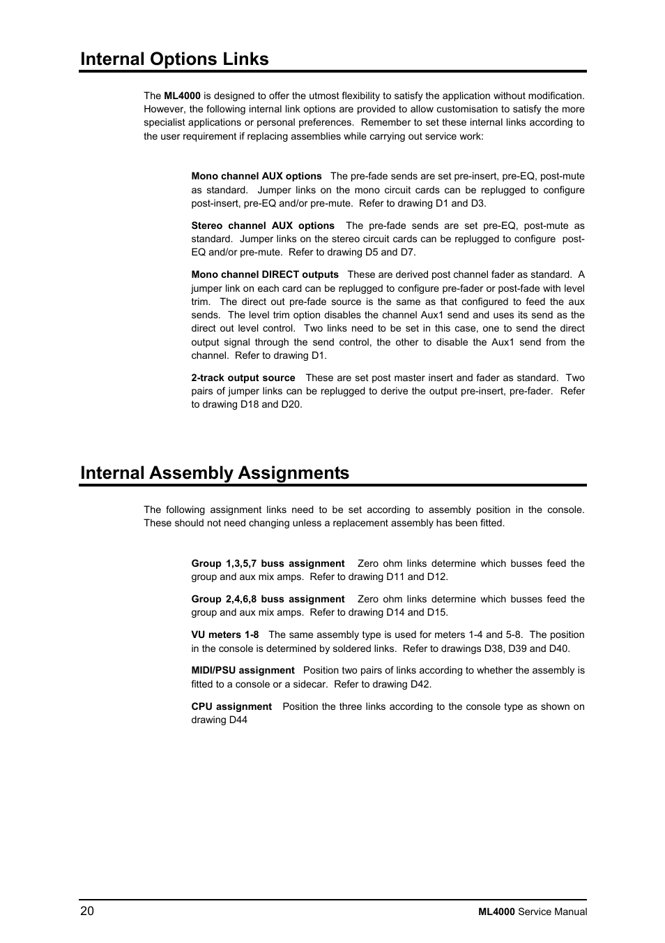 Internal options links, Internal assembly assignments | Allen&Heath ML4000 SERVICE MANUAL User Manual | Page 20 / 91