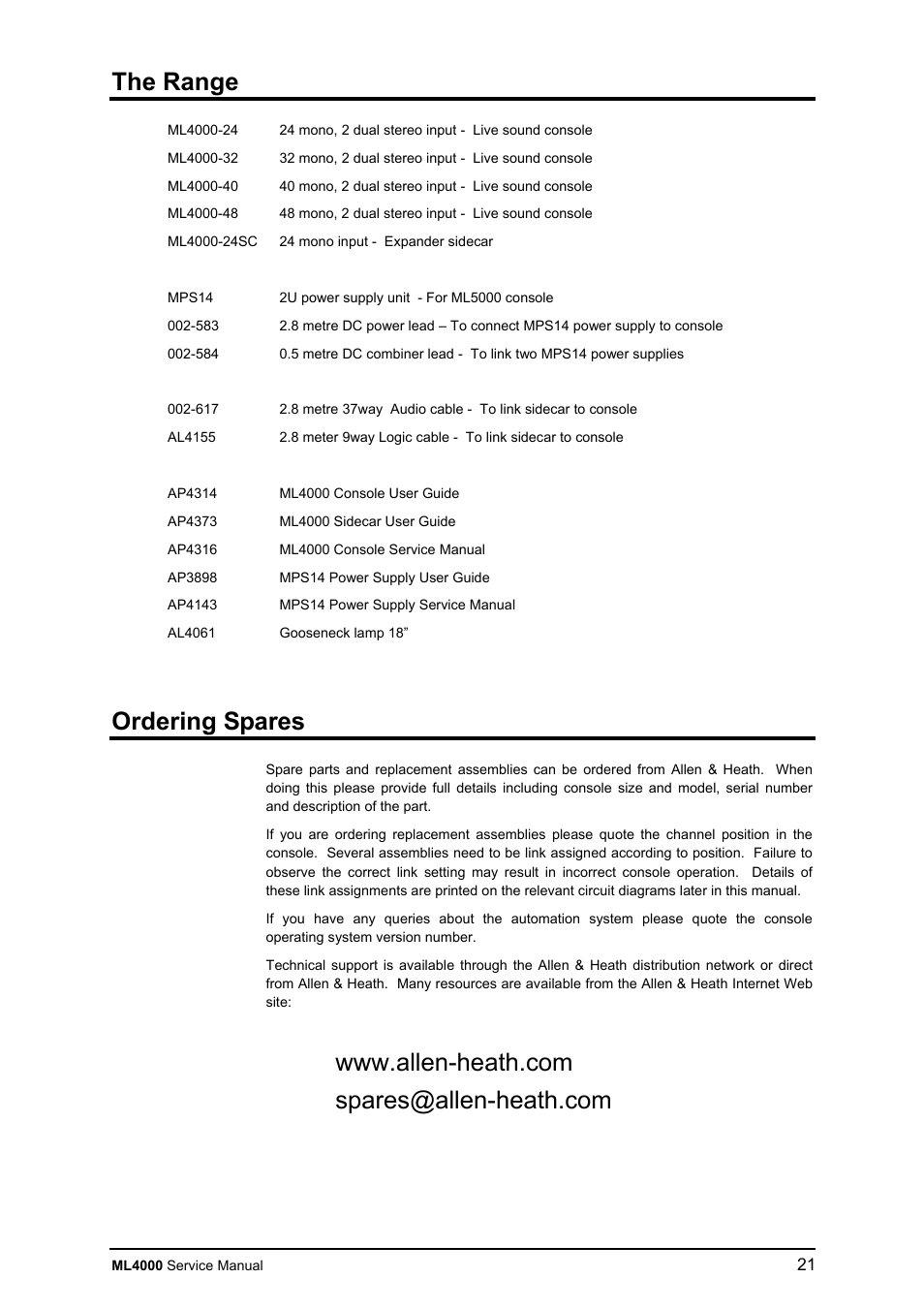 The range, Ordering spares | Allen&Heath ML4000 SERVICE MANUAL User Manual | Page 21 / 91