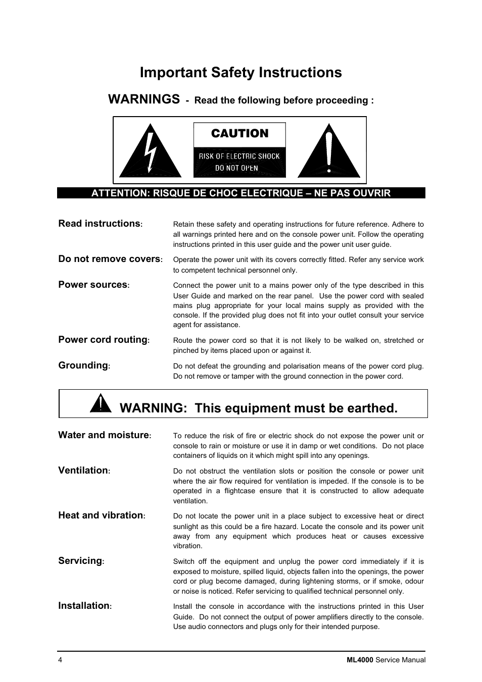 Important safety instructions, Warnings, Warning: this equipment must be earthed | Caution | Allen&Heath ML4000 SERVICE MANUAL User Manual | Page 4 / 91