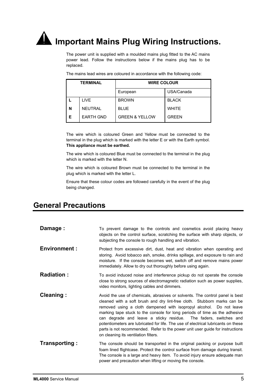 Important mains plug wiring instructions, General precautions | Allen&Heath ML4000 SERVICE MANUAL User Manual | Page 5 / 91