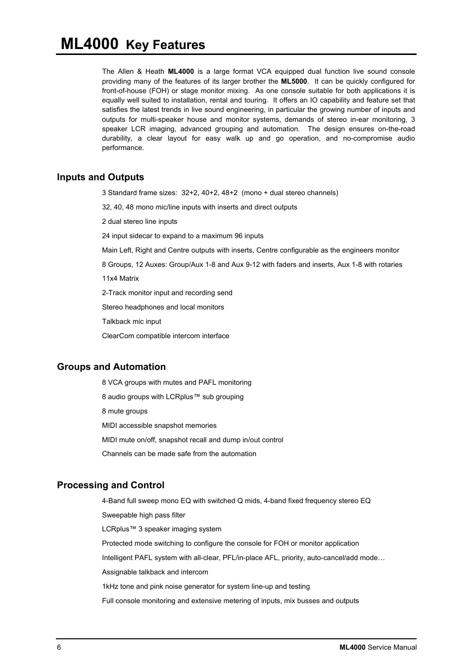 Ml4000, Key features | Allen&Heath ML4000 SERVICE MANUAL User Manual | Page 6 / 91