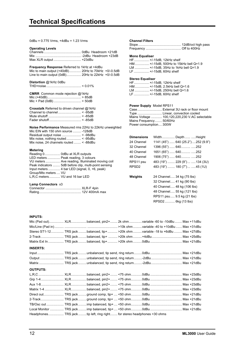 Technical specifications | Allen&Heath ML3000 USER GUIDE User Manual | Page 12 / 48