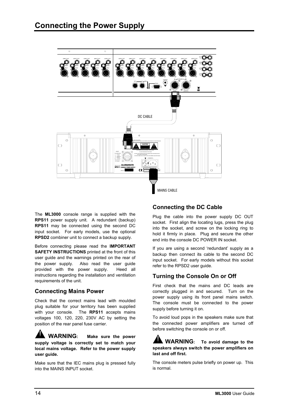Connecting the power supply, Connecting mains power, Warning | Connecting the dc cable, Turning the console on or off, Ml3000 user guide | Allen&Heath ML3000 USER GUIDE User Manual | Page 14 / 48