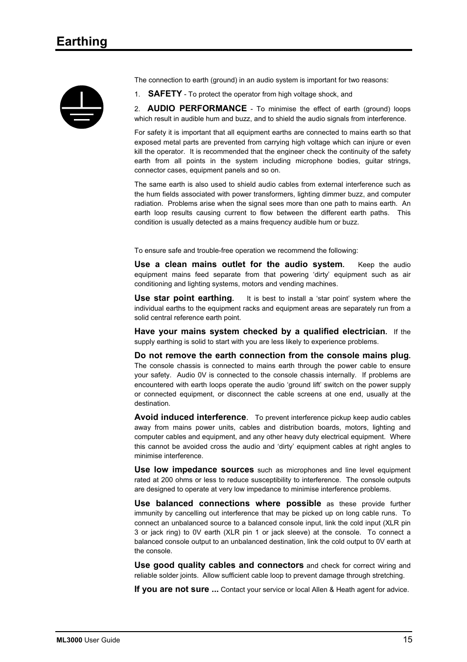 Earthing | Allen&Heath ML3000 USER GUIDE User Manual | Page 15 / 48