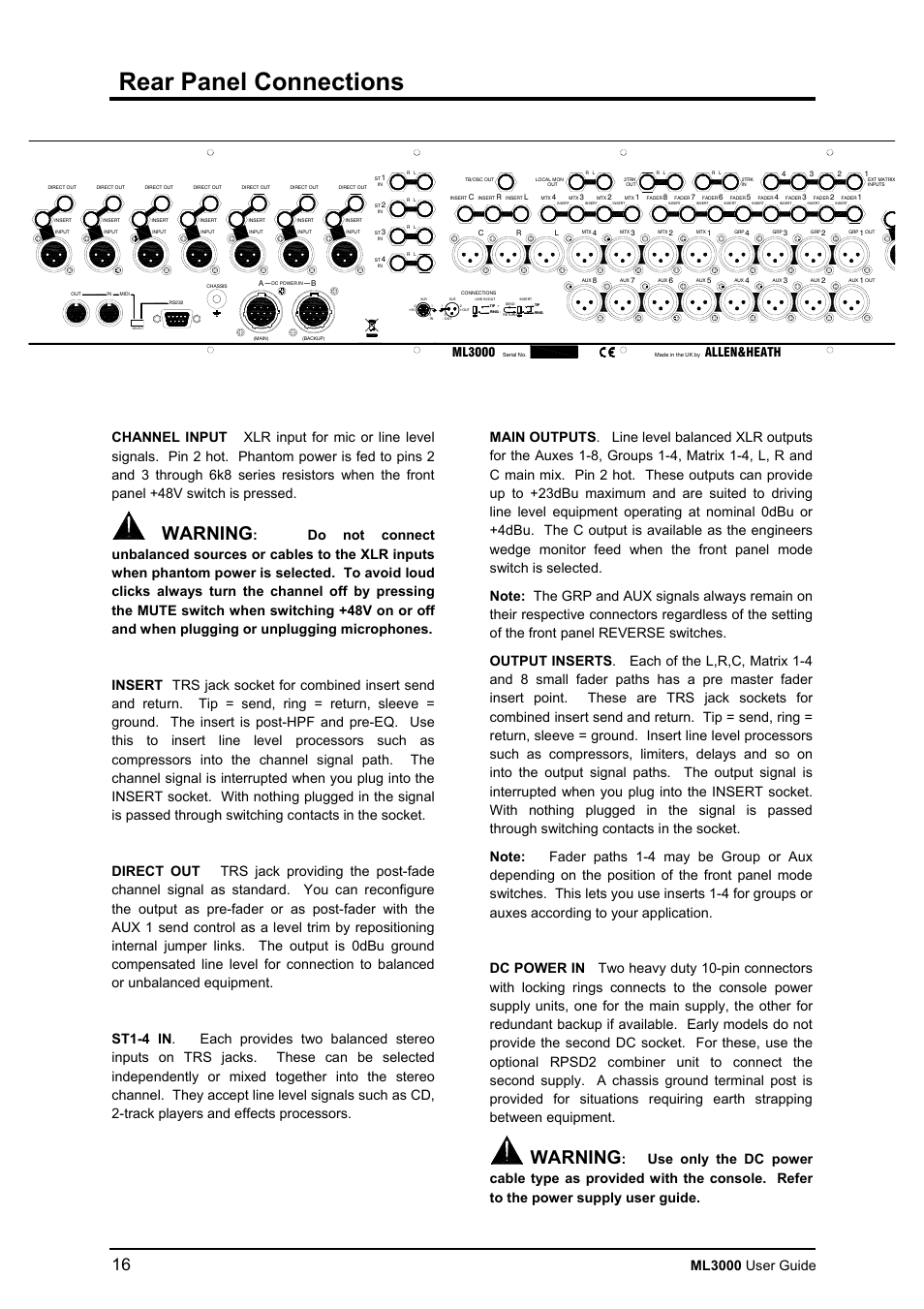 Rear panel connections, Warning, Ml3000 user guide | Allen&heath, Ml3000 | Allen&Heath ML3000 USER GUIDE User Manual | Page 16 / 48
