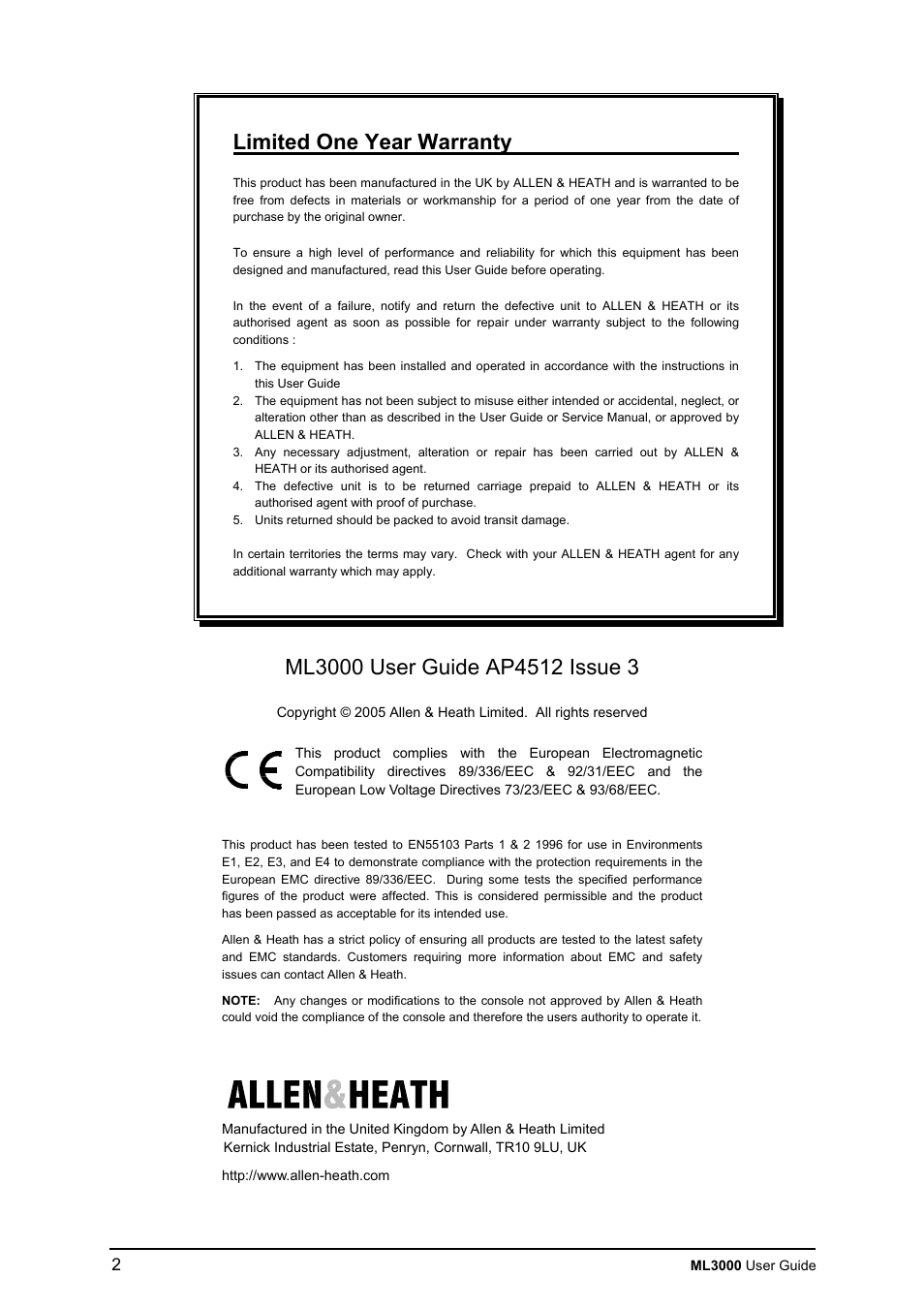 Limited one year warranty | Allen&Heath ML3000 USER GUIDE User Manual | Page 2 / 48