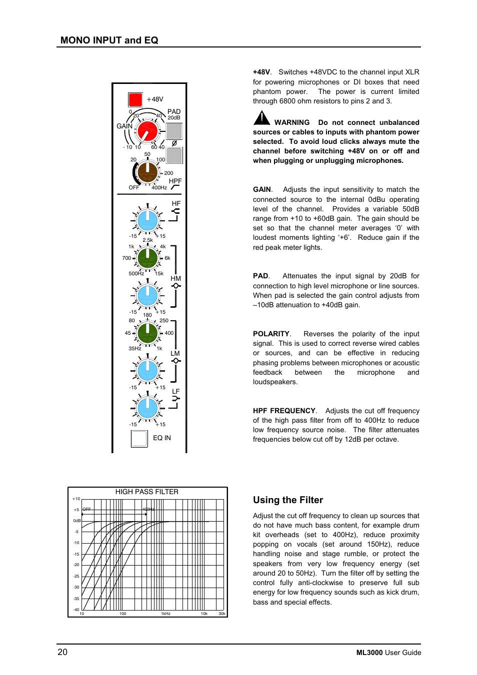 Mono input and eq, Using the filter | Allen&Heath ML3000 USER GUIDE User Manual | Page 20 / 48