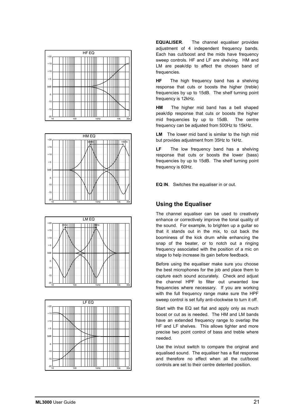 Using the equaliser, Ml3000 user guide | Allen&Heath ML3000 USER GUIDE User Manual | Page 21 / 48