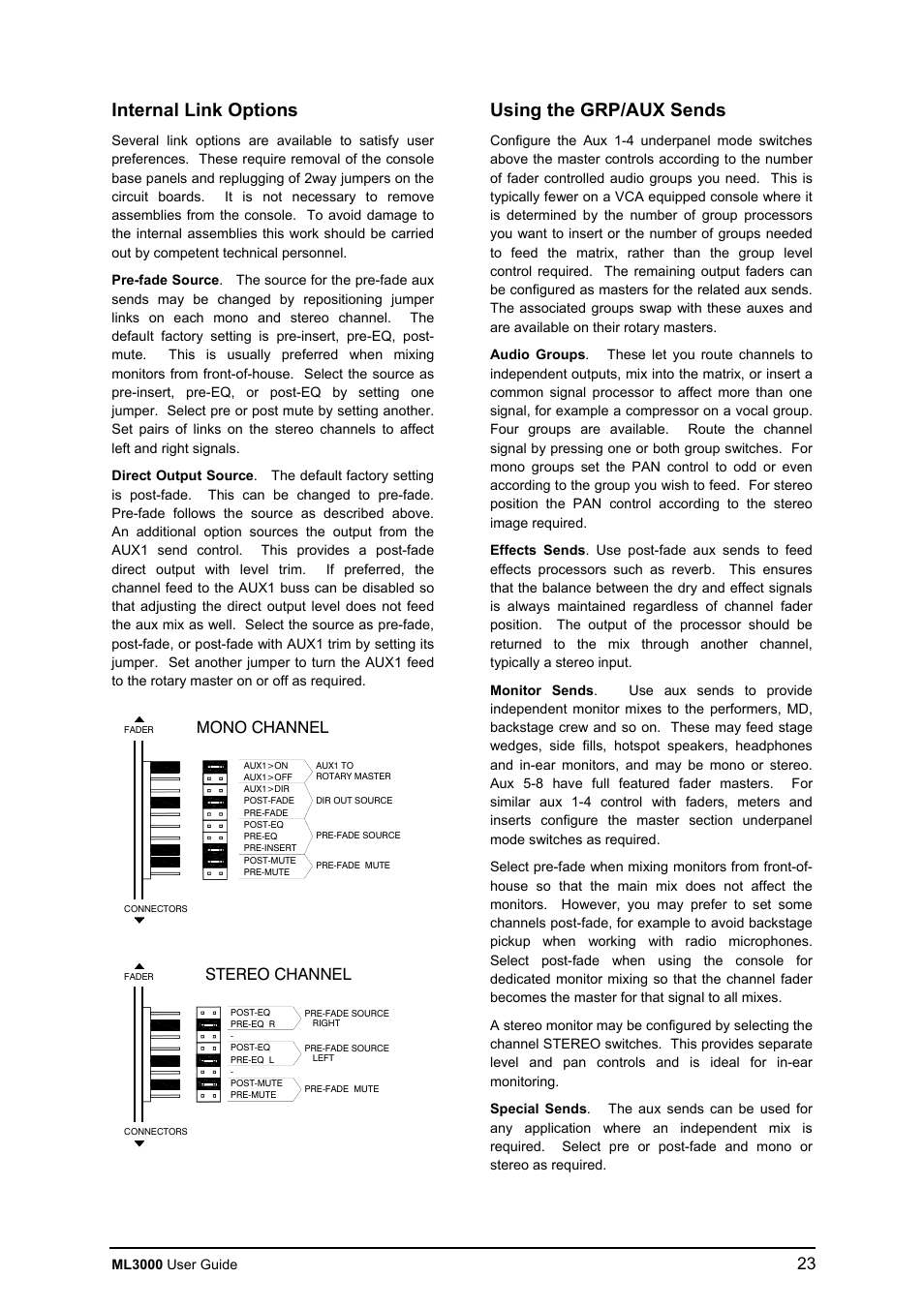 Internal link options, Using the grp/aux sends, Mono channel | Stereo channel | Allen&Heath ML3000 USER GUIDE User Manual | Page 23 / 48