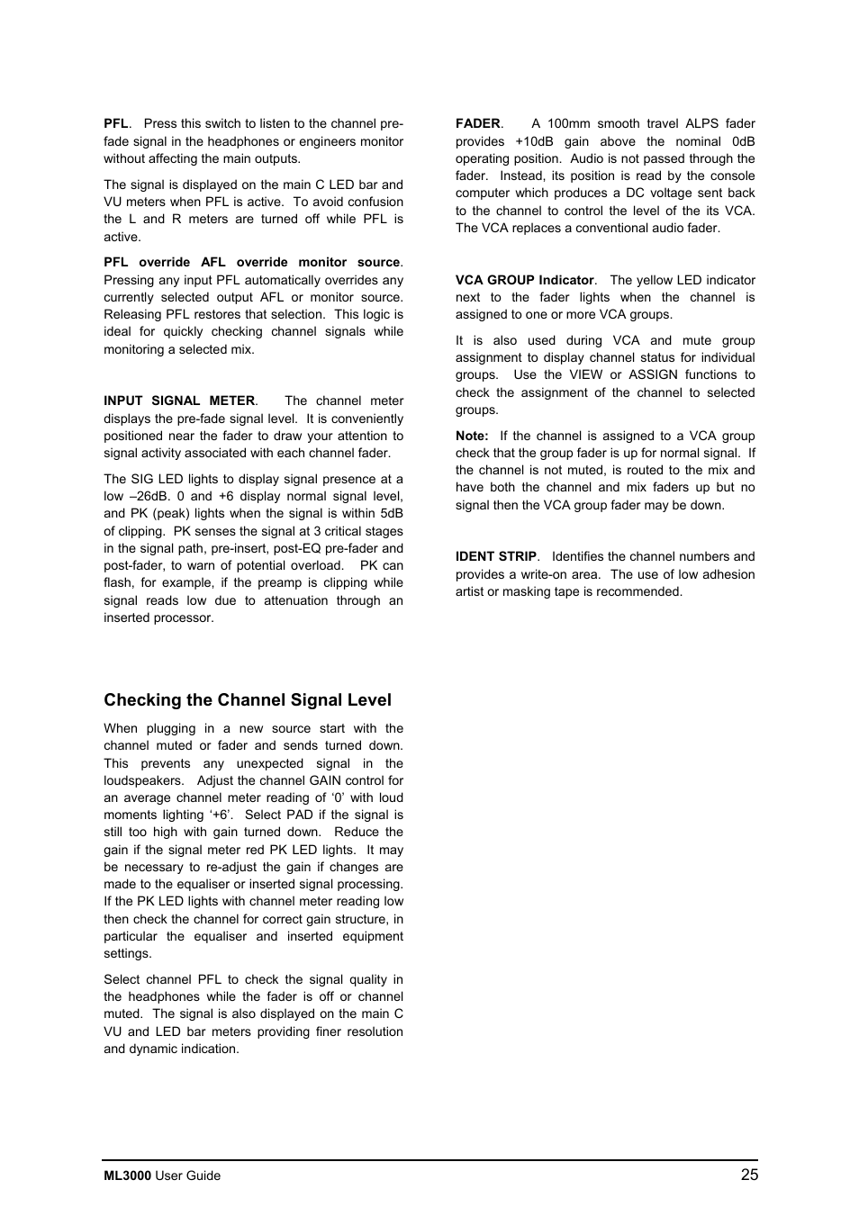Checking the channel signal level | Allen&Heath ML3000 USER GUIDE User Manual | Page 25 / 48