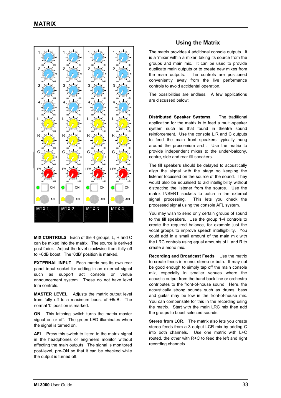 Matrix, Using the matrix, Ml3000 user guide | Allen&Heath ML3000 USER GUIDE User Manual | Page 33 / 48
