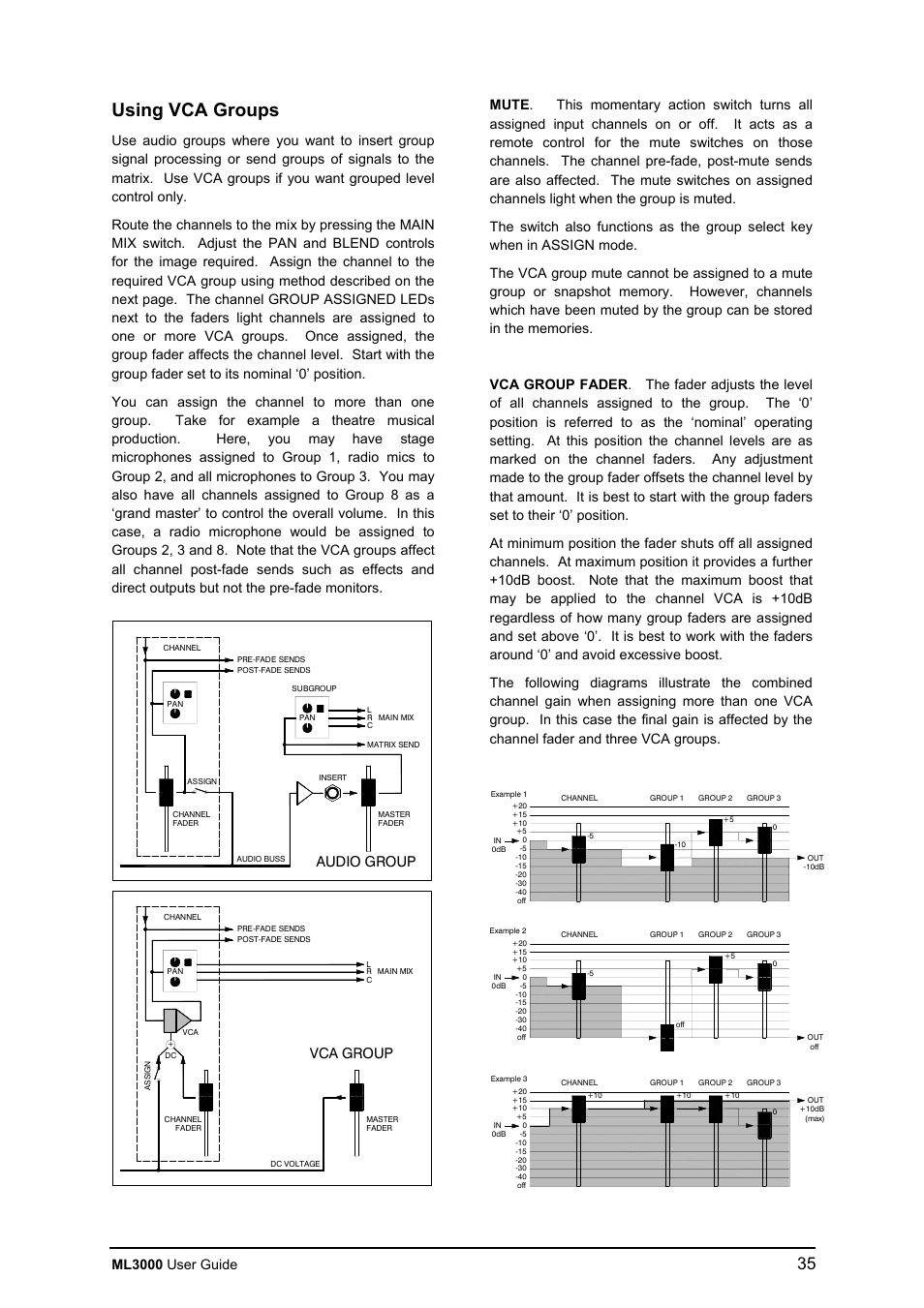 Using vca groups, Ml3000 user guide, Audio group | Vca group | Allen&Heath ML3000 USER GUIDE User Manual | Page 35 / 48