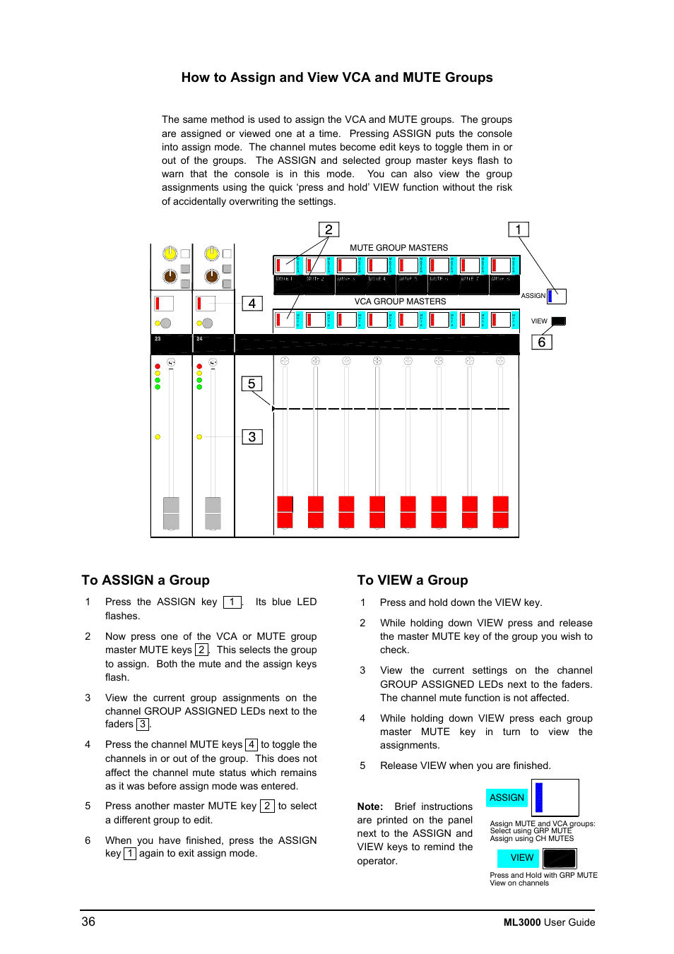 How to assign and view vca and mute groups, Ml3000 user guide, Assign view | Mute group masters vca group masters | Allen&Heath ML3000 USER GUIDE User Manual | Page 36 / 48