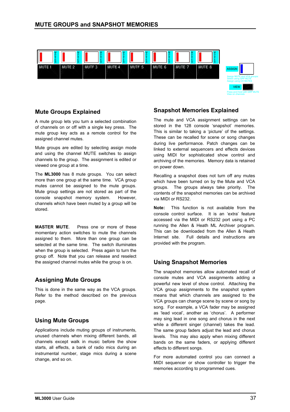 Assigning mute groups, Using mute groups, Ml3000 user guide | Allen&Heath ML3000 USER GUIDE User Manual | Page 37 / 48
