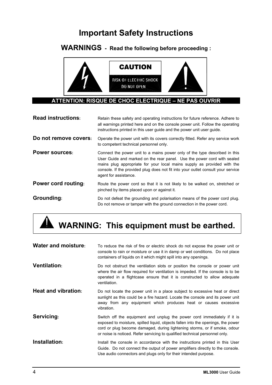 Important safety instructions, Warning: this equipment must be earthed, Warnings | Caution | Allen&Heath ML3000 USER GUIDE User Manual | Page 4 / 48