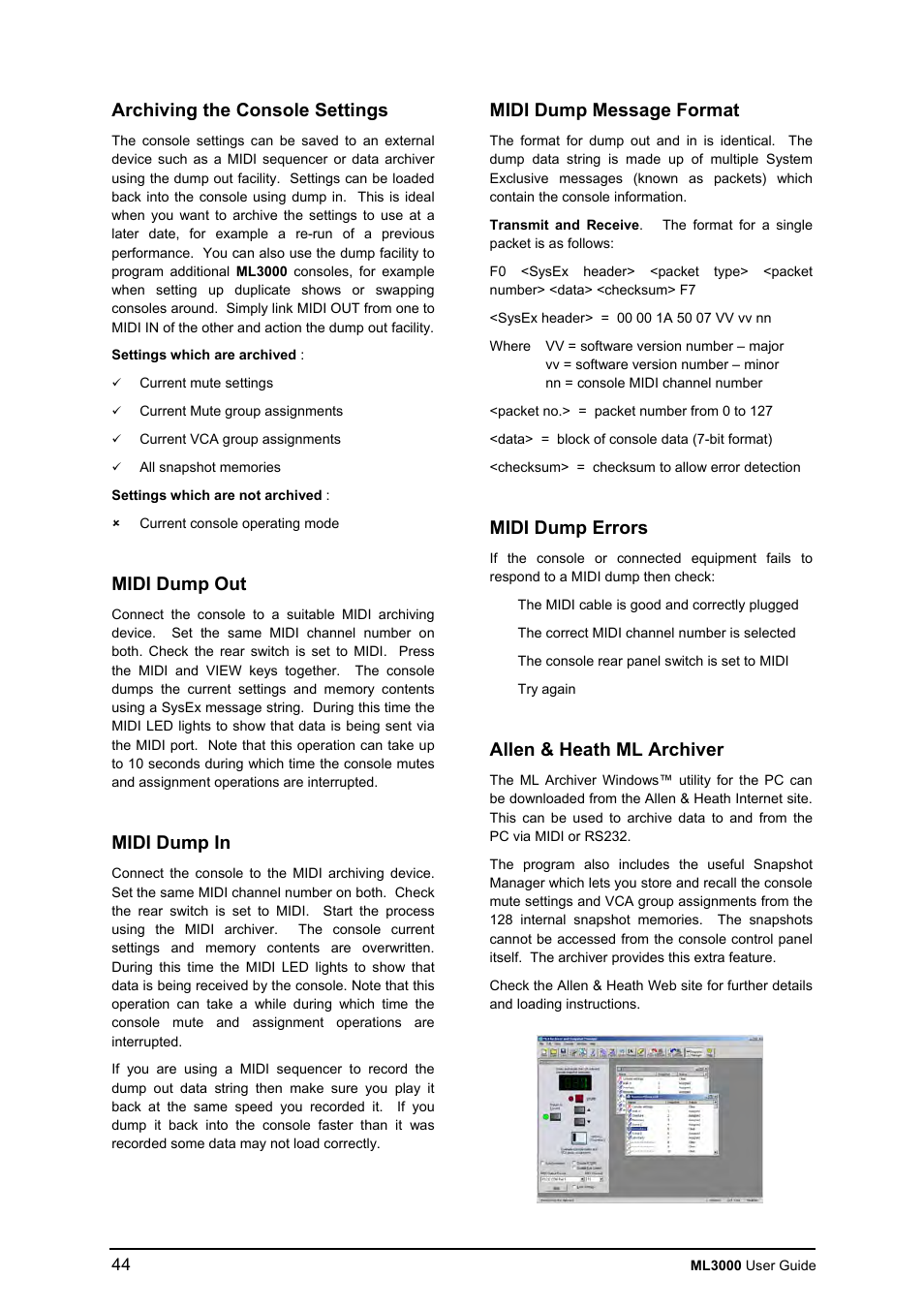 Archiving the console settings, Midi dump out, Midi dump in | Midi dump message format, Midi dump errors, Allen & heath ml archiver | Allen&Heath ML3000 USER GUIDE User Manual | Page 44 / 48