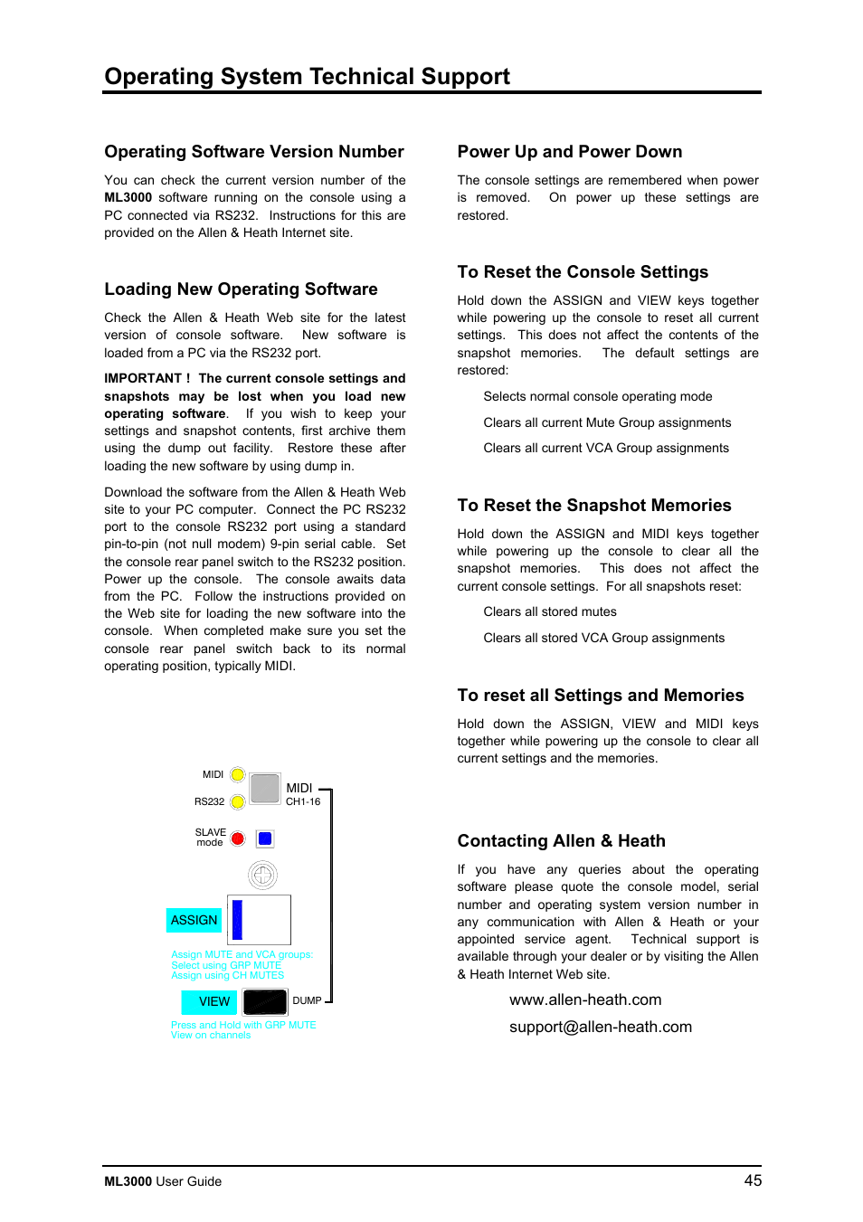 Operating system technical support, Operating software version number, Loading new operating software | Power up and power down, Contacting allen & heath | Allen&Heath ML3000 USER GUIDE User Manual | Page 45 / 48