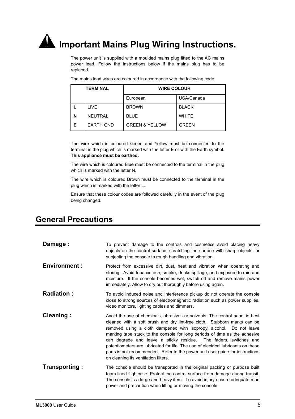 Important mains plug wiring instructions, General precautions, Damage | Environment, Radiation, Cleaning, Transporting | Allen&Heath ML3000 USER GUIDE User Manual | Page 5 / 48