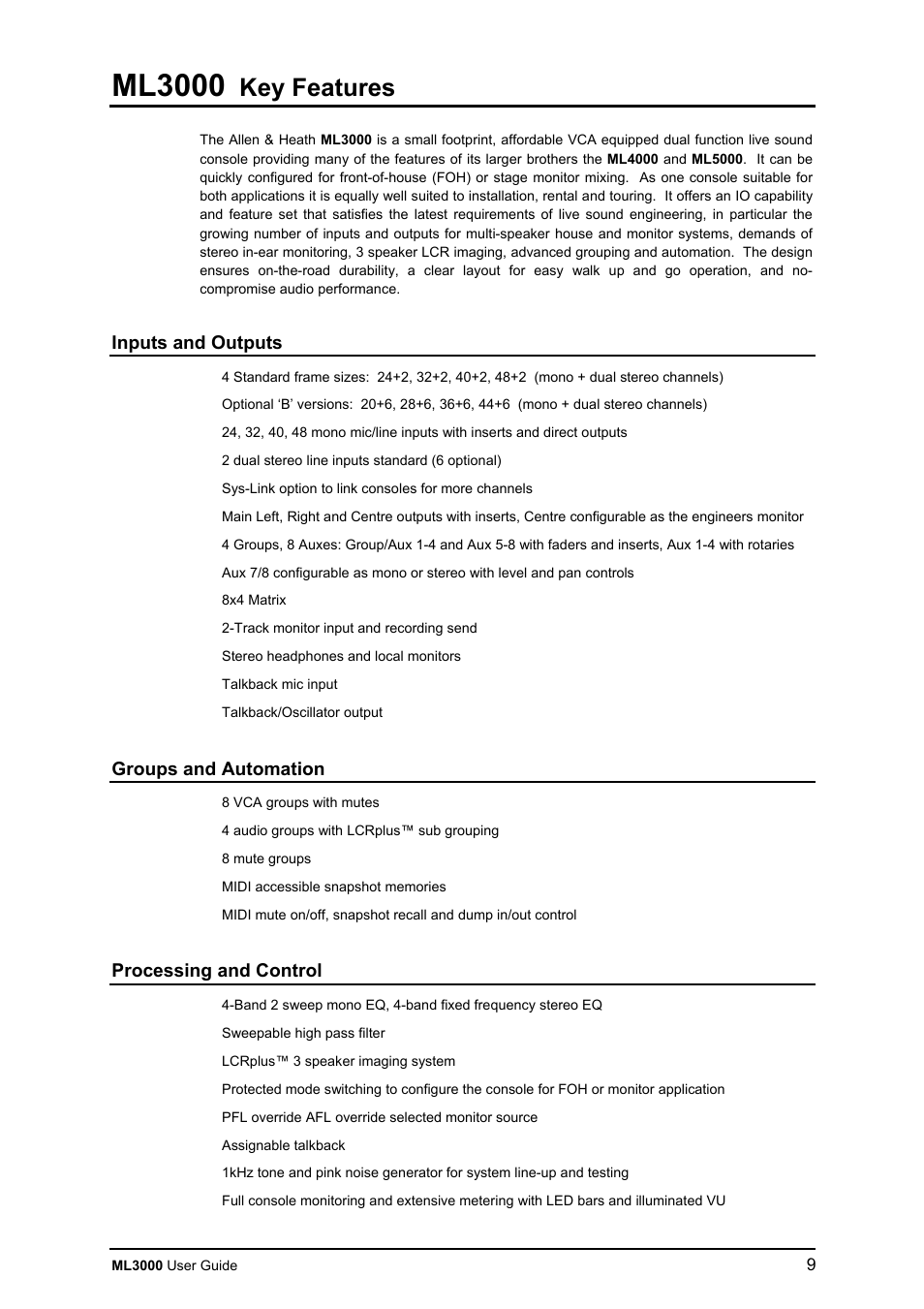 Ml3000, Key features, Inputs and outputs | Groups and automation, Processing and control | Allen&Heath ML3000 USER GUIDE User Manual | Page 9 / 48