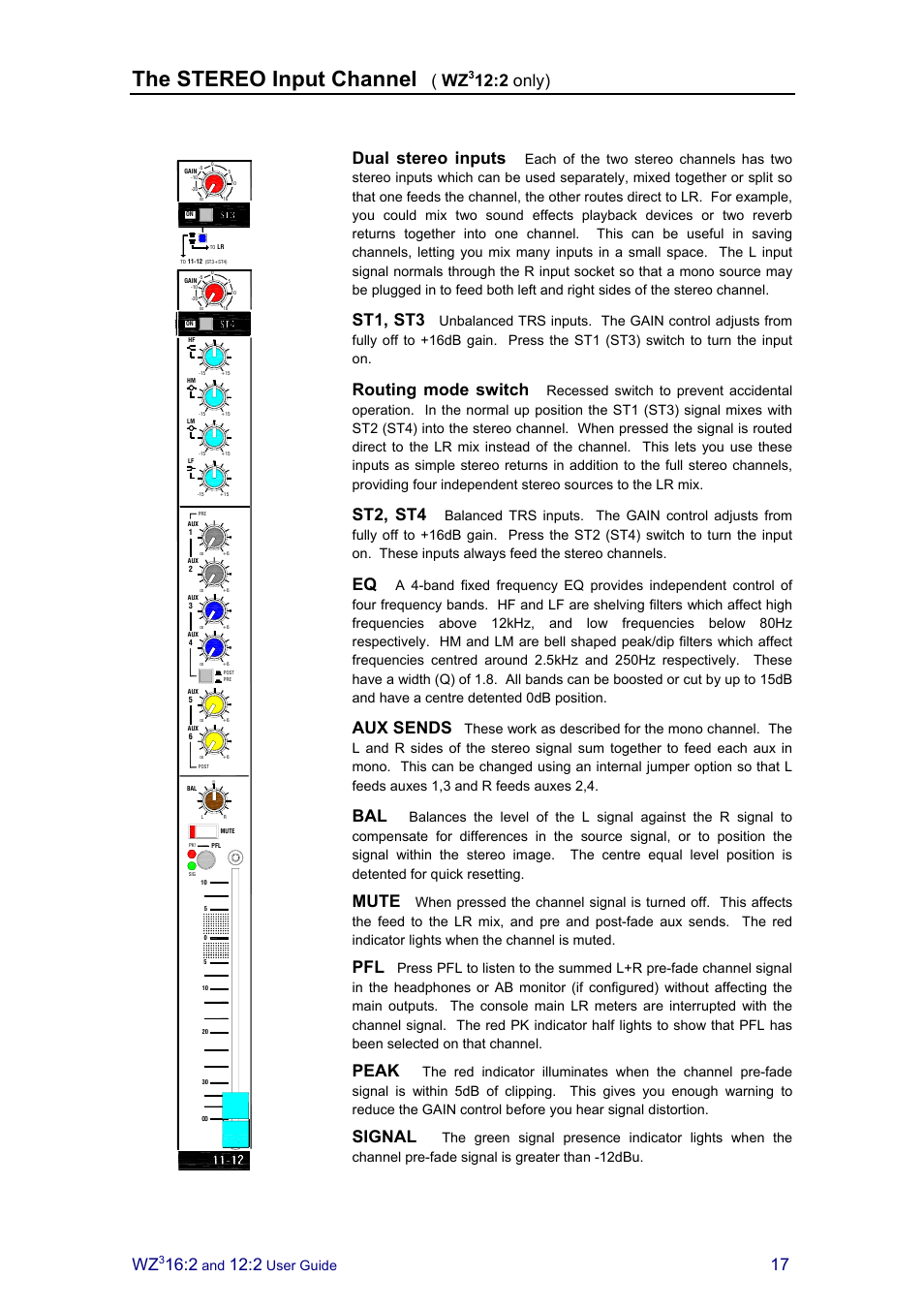 The stereo input channel, 2 only), Dual stereo inputs | St1, st3, Routing mode switch, St2, st4, Aux sends, Mute, Peak, Signal | Allen&Heath MixWizard3 12-2 User Manual | Page 17 / 30