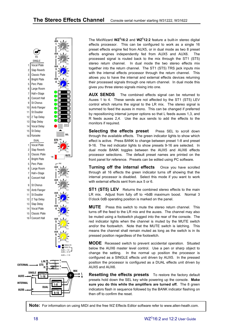 The stereo effects channel, Aux sends, Selecting the effects preset | Turning off the internal effects, St1 (st5) lev, Mute, Mode, Resetting the effects presets, User guide, The mixwizard wz | Allen&Heath MixWizard3 12-2 User Manual | Page 18 / 30