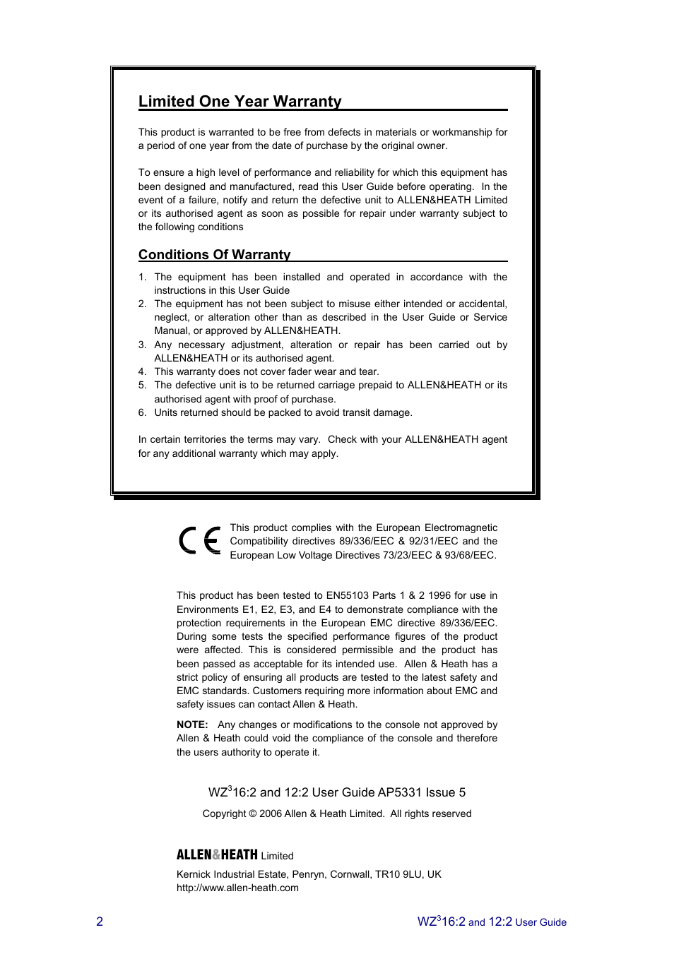 Limited one year warranty, Allen & heath, Conditions of warranty | Allen&Heath MixWizard3 12-2 User Manual | Page 2 / 30