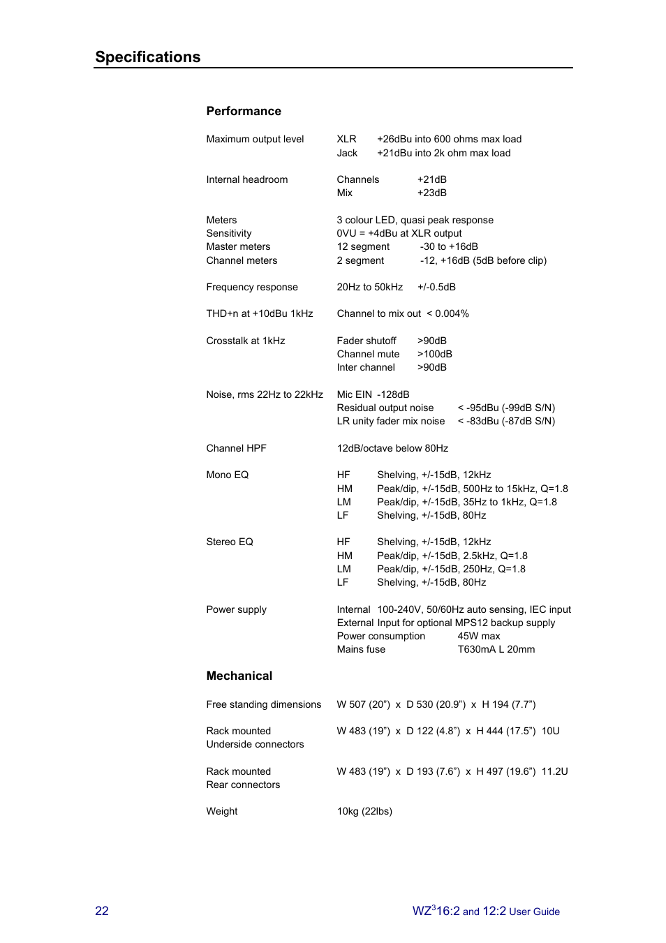 Specifications | Allen&Heath MixWizard3 12-2 User Manual | Page 22 / 30