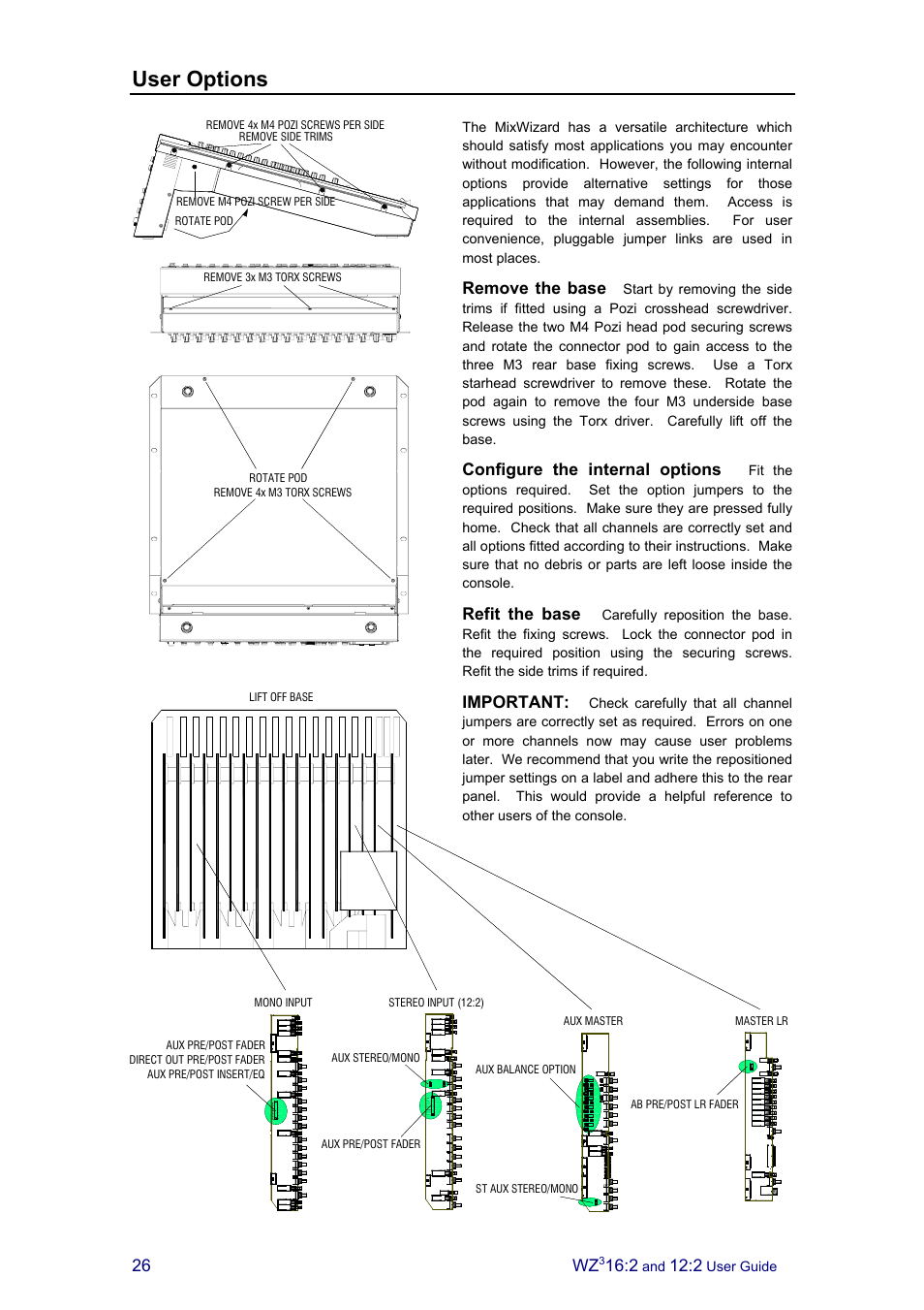 User options, Remove the base, Configure the internal options | Refit the base, Important | Allen&Heath MixWizard3 12-2 User Manual | Page 26 / 30