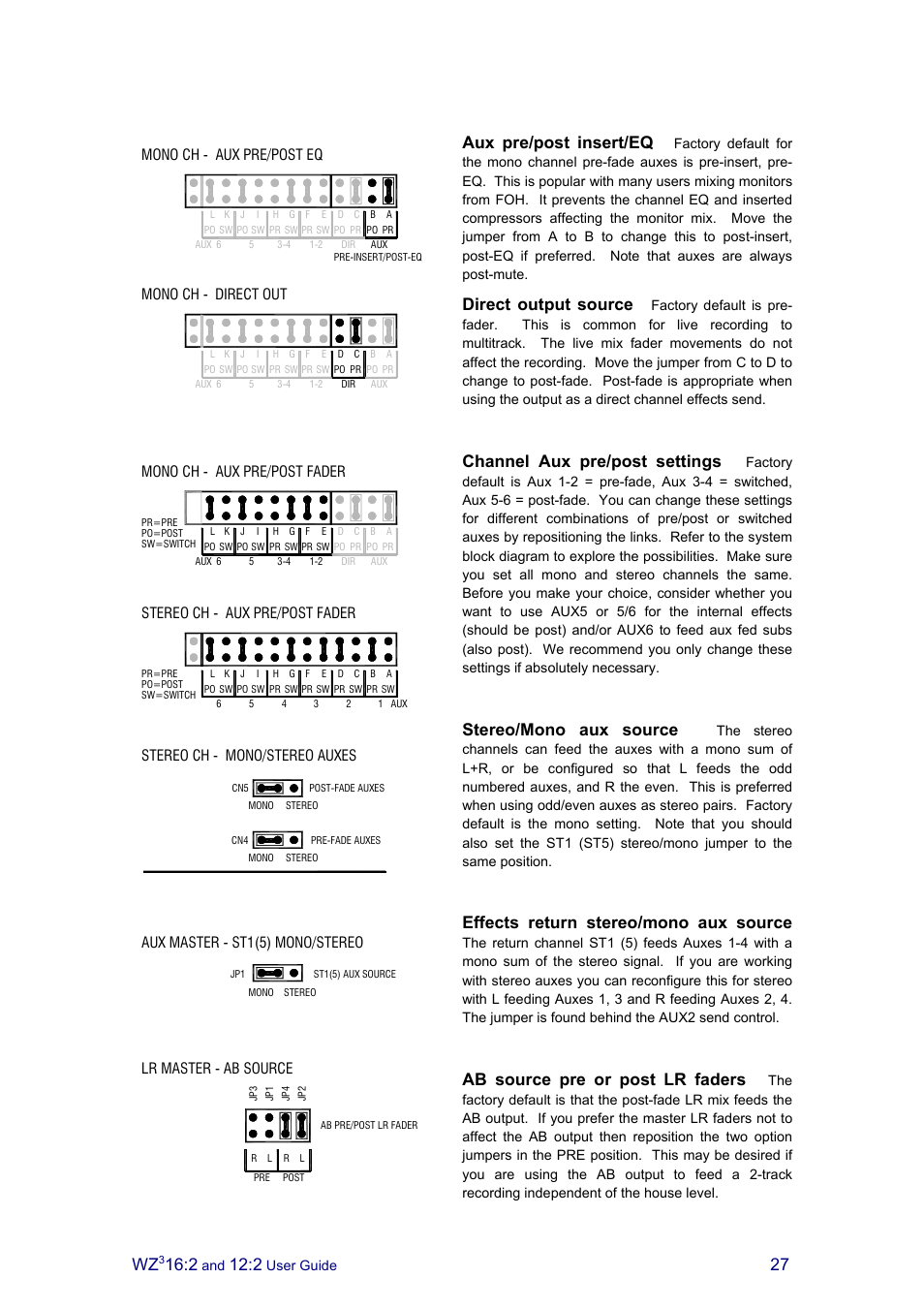 Aux pre/post insert/eq, Direct output source, Channel aux pre/post settings | Stereo/mono aux source, Effects return stereo/mono aux source, Ab source pre or post lr faders, Stereo ch - aux pre/post fader, Stereo ch - mono/stereo auxes | Allen&Heath MixWizard3 12-2 User Manual | Page 27 / 30