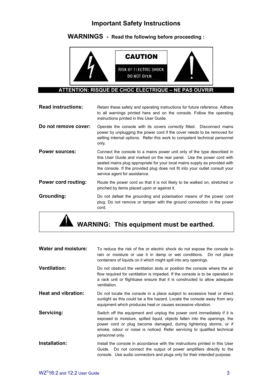 Important safety instructions warnings, Caution warning: this equipment must be earthed | Allen&Heath MixWizard3 12-2 User Manual | Page 3 / 30