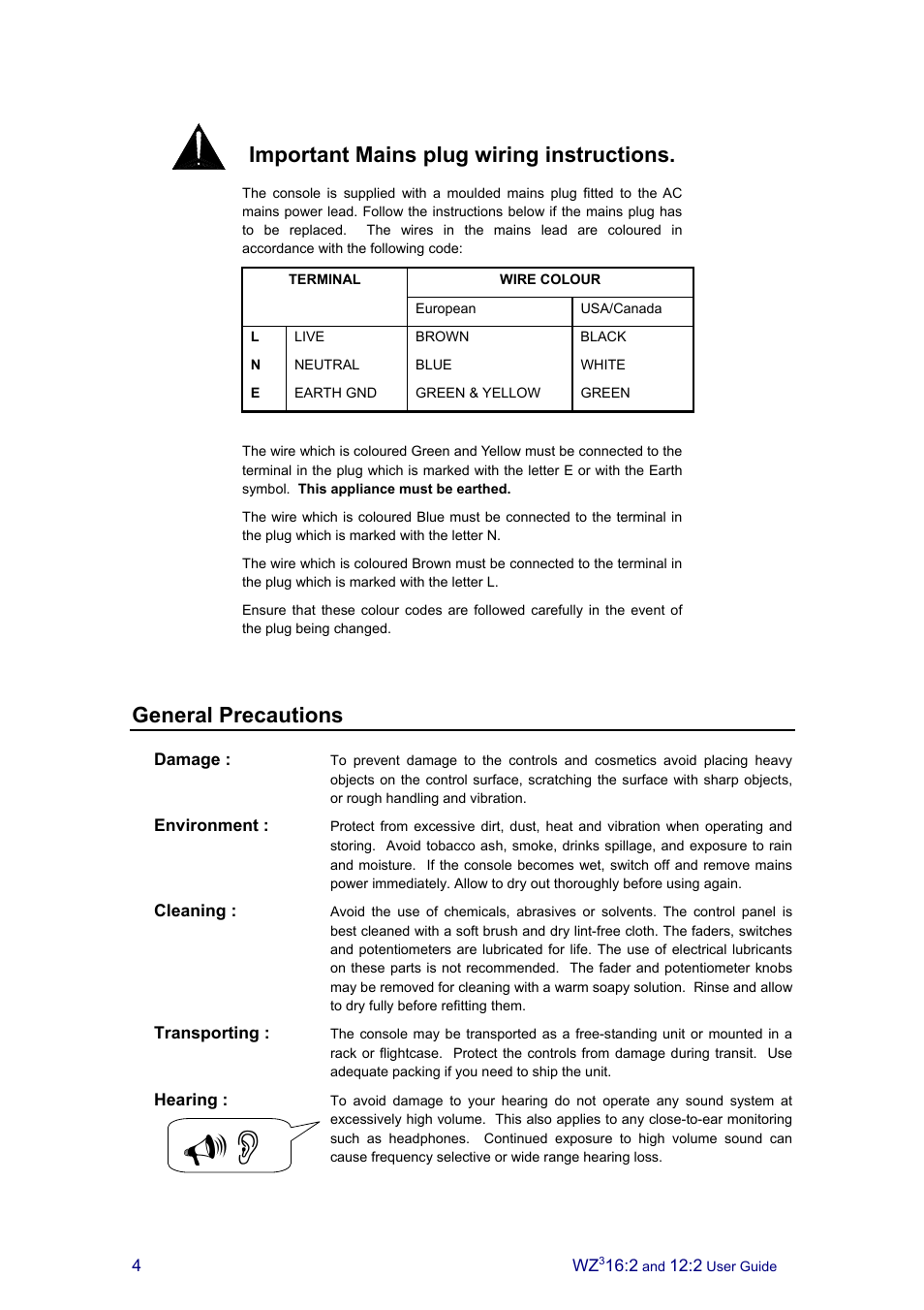 Important mains plug wiring instructions, General precautions | Allen&Heath MixWizard3 12-2 User Manual | Page 4 / 30