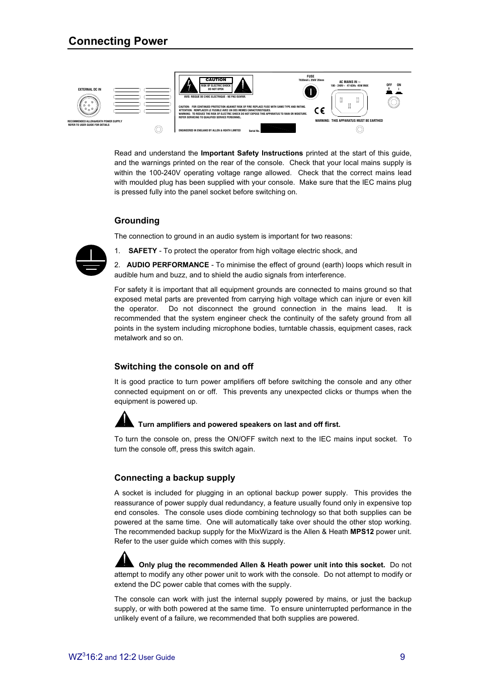 Connecting power, Grounding, Switching the console on and off | Connecting a backup supply | Allen&Heath MixWizard3 12-2 User Manual | Page 9 / 30