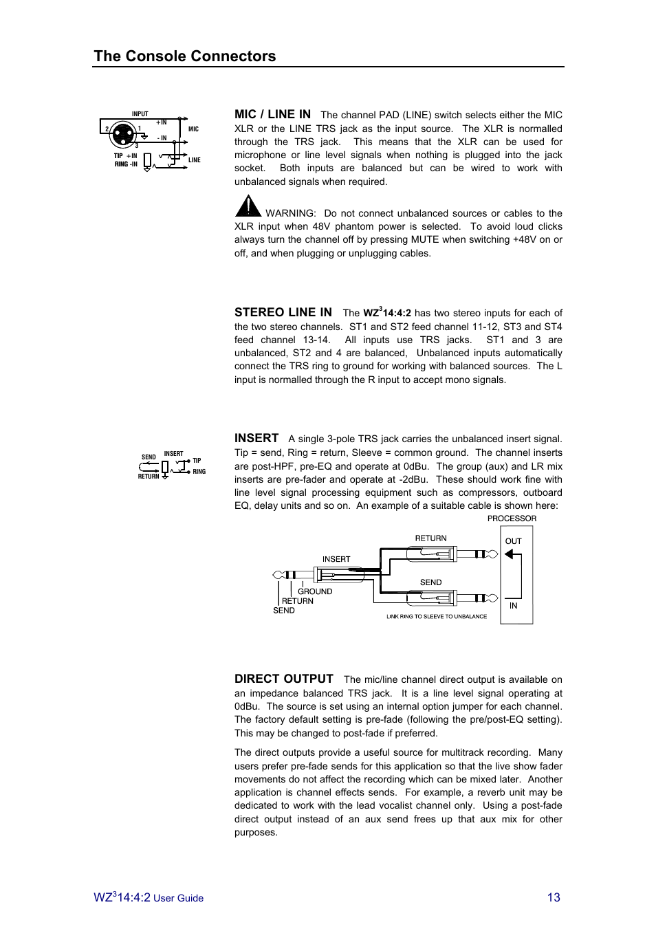 The console connectors, Mic / line in, Stereo line in | Insert, Direct output | Allen&Heath MixWizard3 14-4-2 User Manual | Page 13 / 27