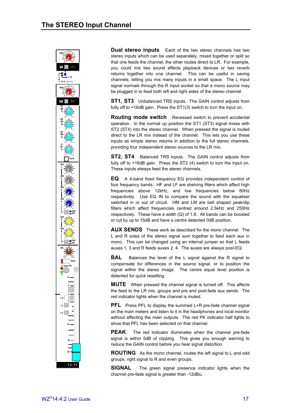 The stereo input channel, Dual stereo inputs, St1, st3 | Routing mode switch, St2, st4, Aux sends, Mute, Peak, Routing, Signal | Allen&Heath MixWizard3 14-4-2 User Manual | Page 17 / 27