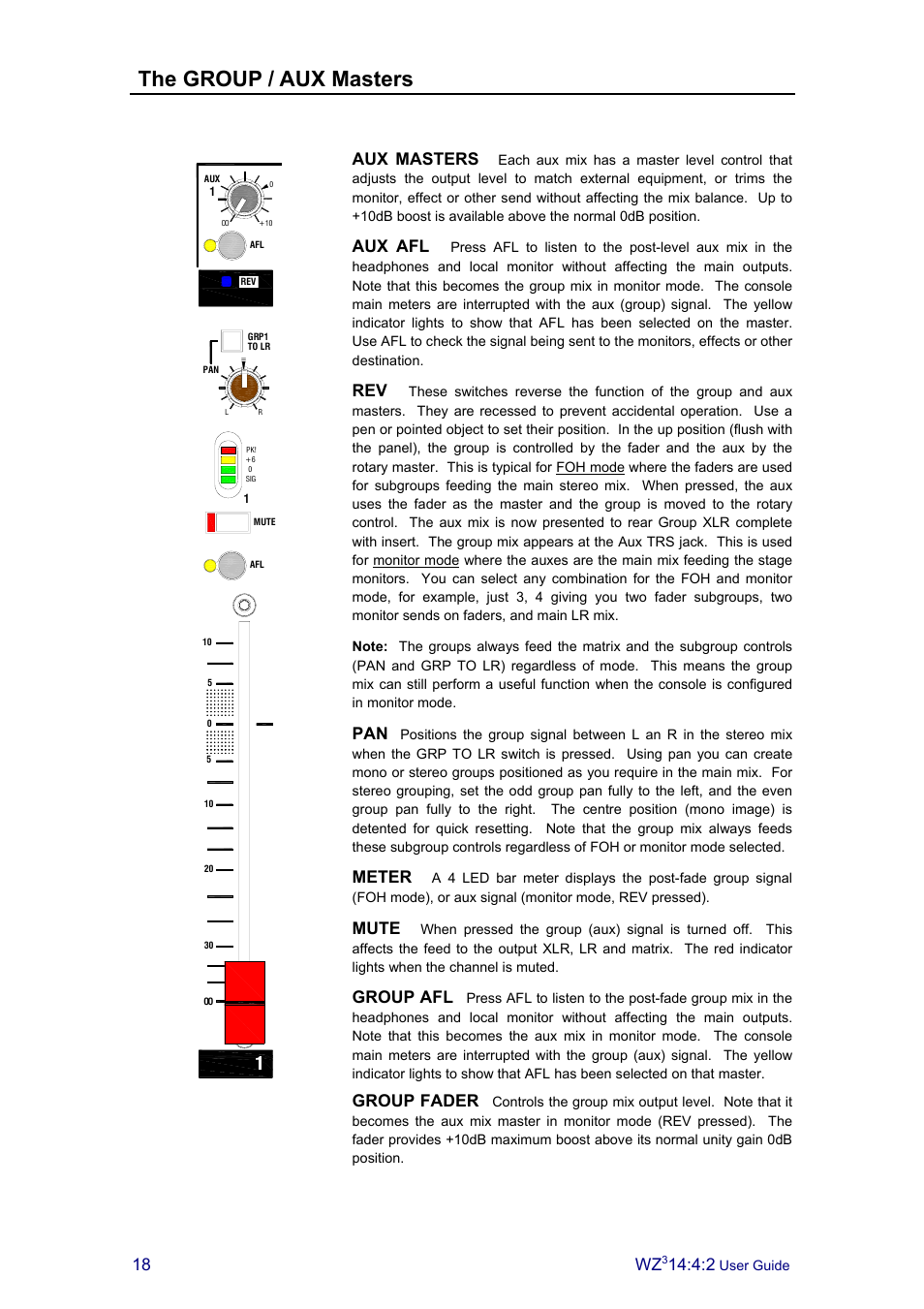 The group / aux masters, Aux masters, Aux afl | Meter, Mute, Group afl, Group fader | Allen&Heath MixWizard3 14-4-2 User Manual | Page 18 / 27