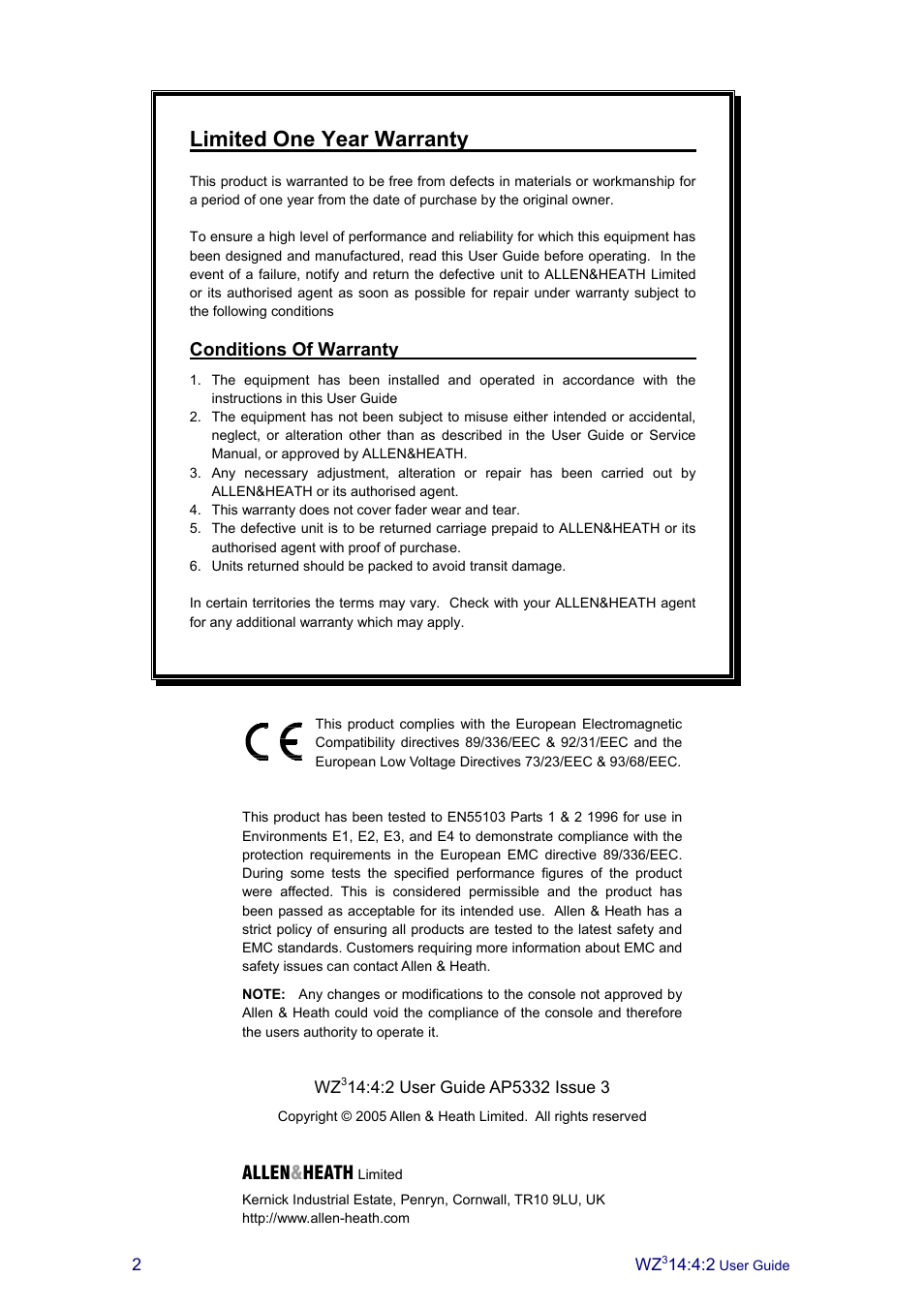 Limited one year warranty, Allen & heath, Conditions of warranty | Allen&Heath MixWizard3 14-4-2 User Manual | Page 2 / 27