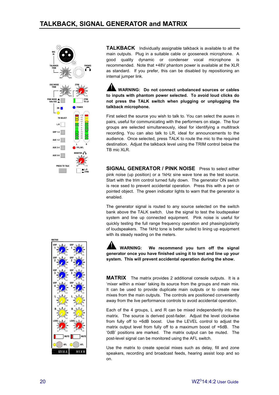 Talkback, signal generator and matrix, Talkback, Signal generator / pink noise | Matrix, User guide | Allen&Heath MixWizard3 14-4-2 User Manual | Page 20 / 27