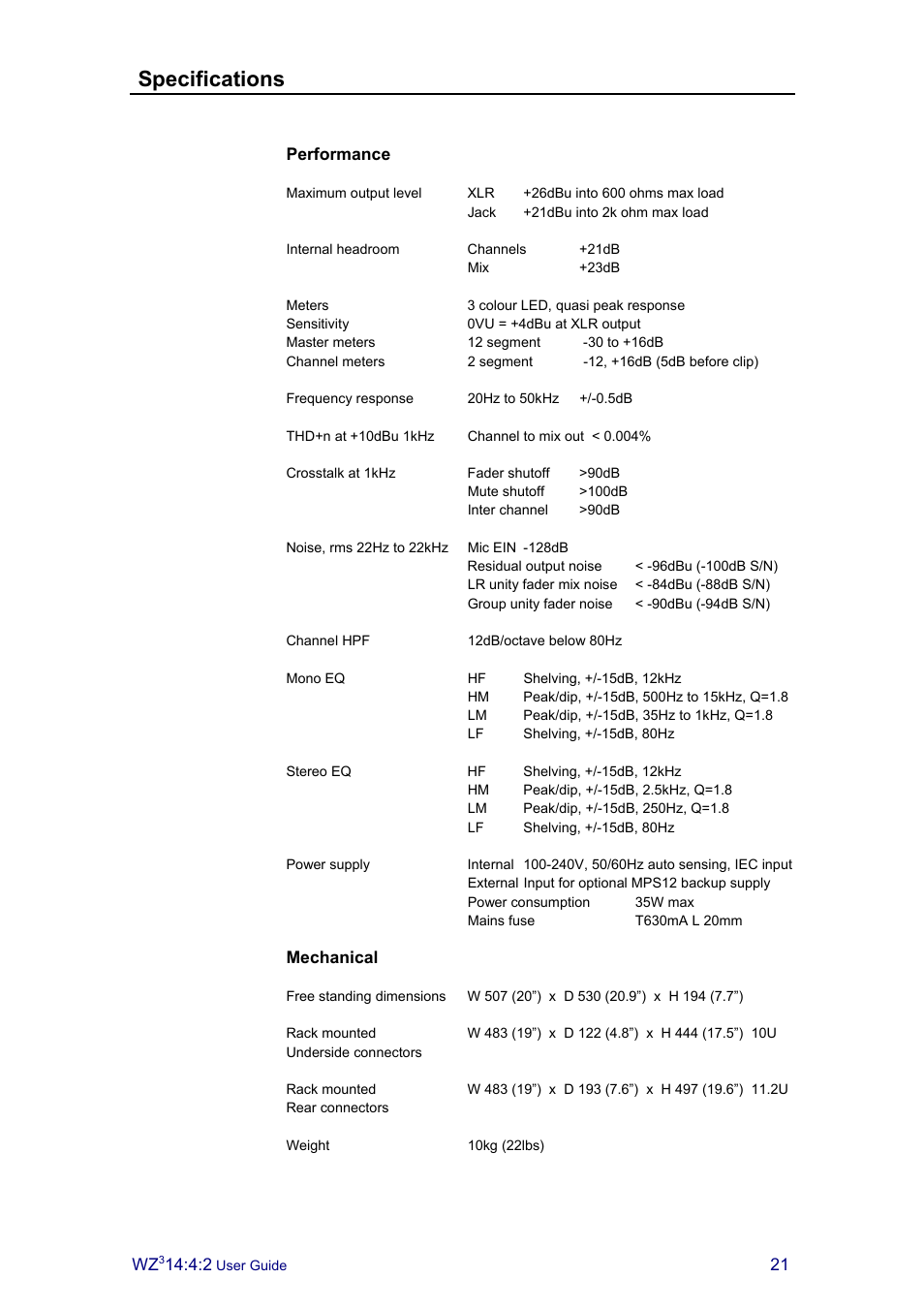 Specifications | Allen&Heath MixWizard3 14-4-2 User Manual | Page 21 / 27