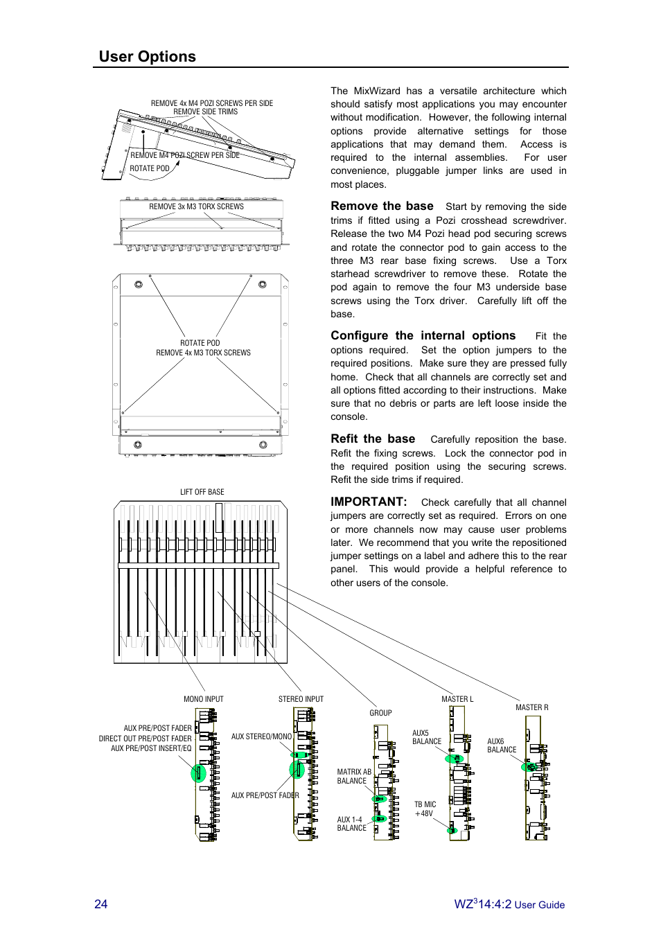 User options, Remove the base, Configure the internal options | Refit the base, Important | Allen&Heath MixWizard3 14-4-2 User Manual | Page 24 / 27