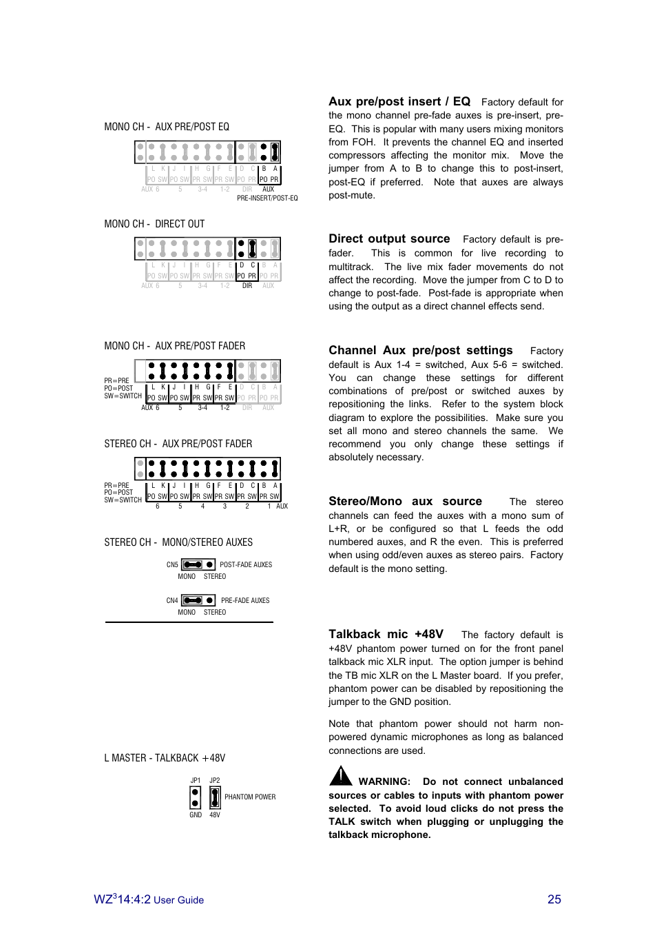 Aux pre/post insert / eq, Direct output source, Channel aux pre/post settings | Stereo/mono aux source, Talkback mic +48v | Allen&Heath MixWizard3 14-4-2 User Manual | Page 25 / 27