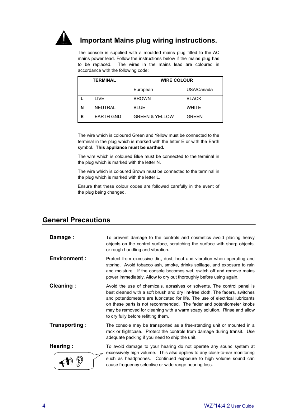 Important mains plug wiring instructions, General precautions | Allen&Heath MixWizard3 14-4-2 User Manual | Page 4 / 27